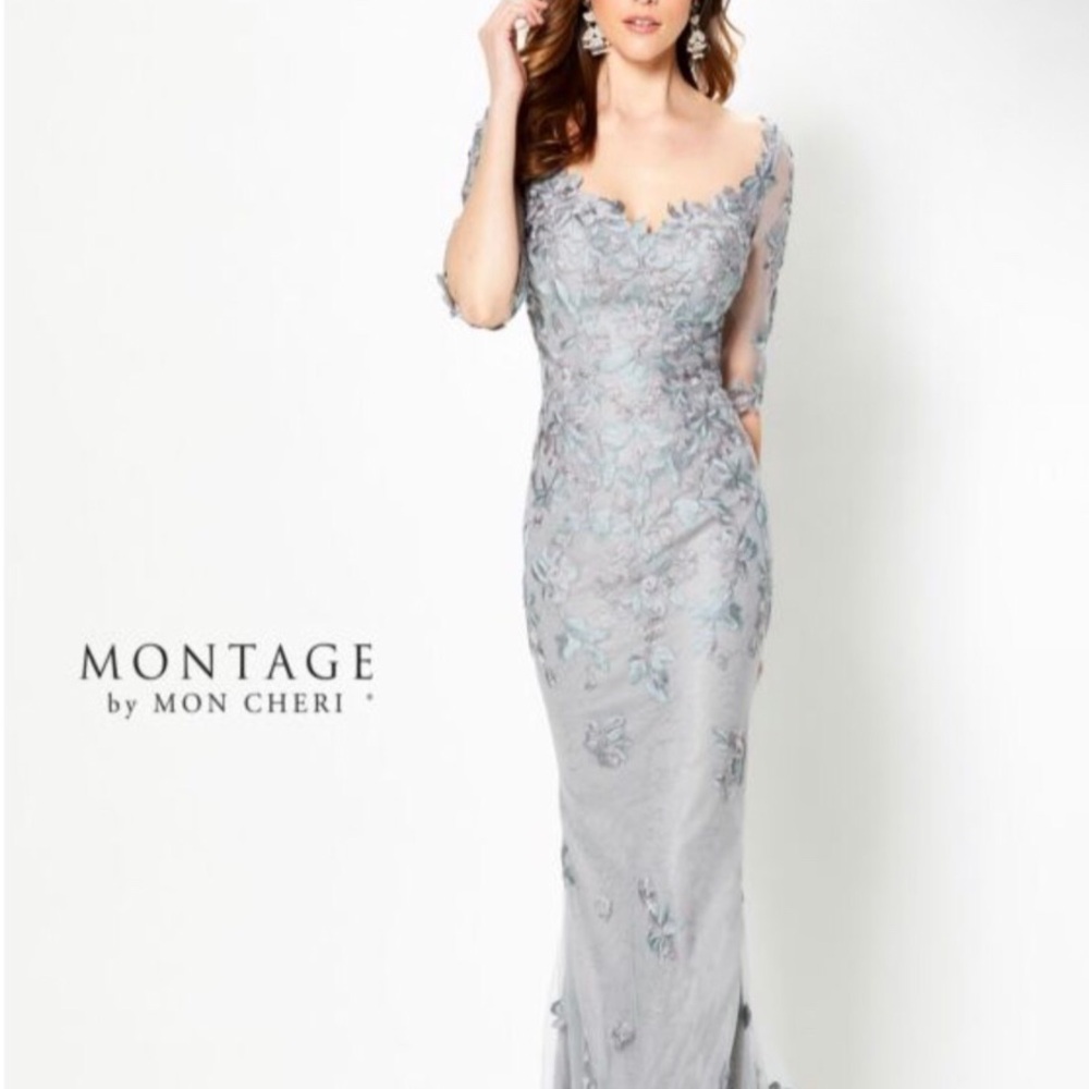 Montage by Mon Cheri Silver Embroidered Gown